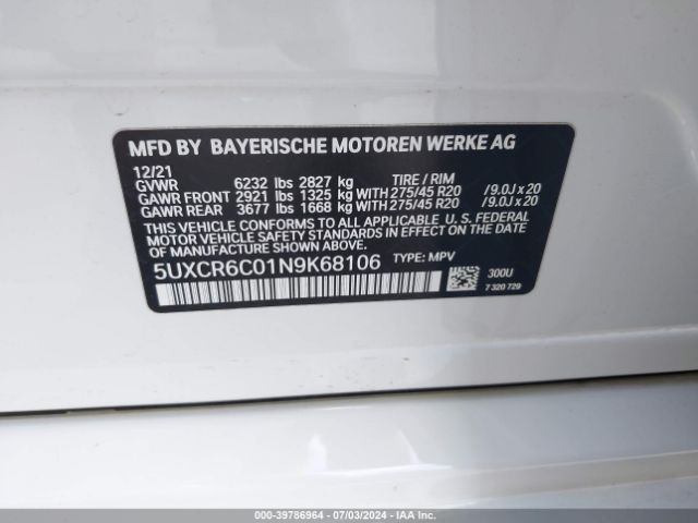 5UXCR6C01N9K68106 BMW X5 Xdrive40i