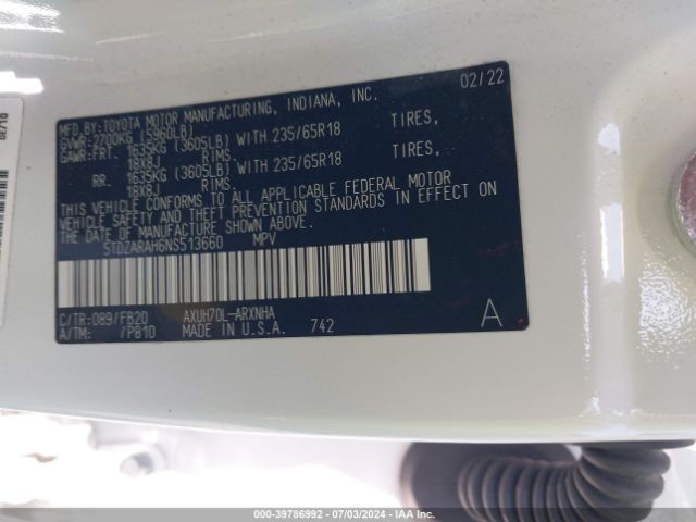 5TDZARAH6NS513660 Toyota Highlander Hybrid Le