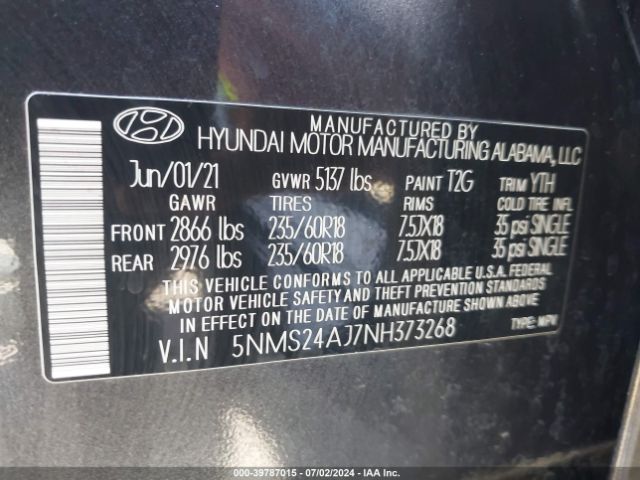 5NMS24AJ7NH373268 Hyundai Santa Fe Sel