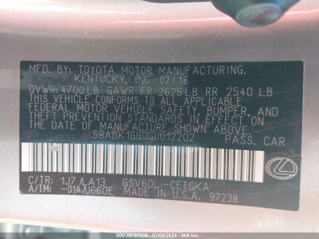 58ABK1GG0GU012202 Lexus ES 350