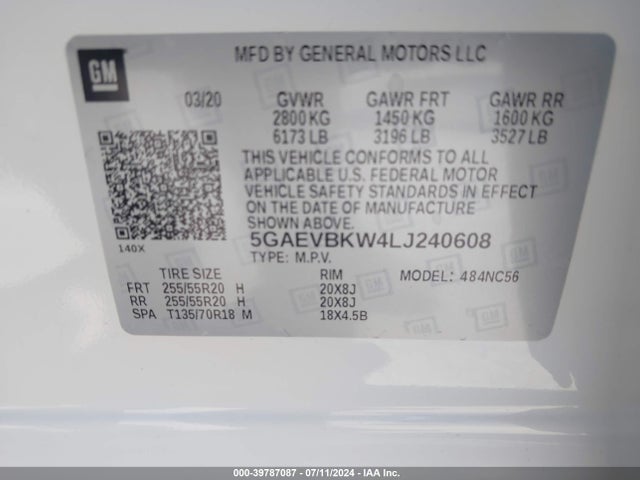 5GAEVBKW4LJ240608 Buick Enclave Awd Premium