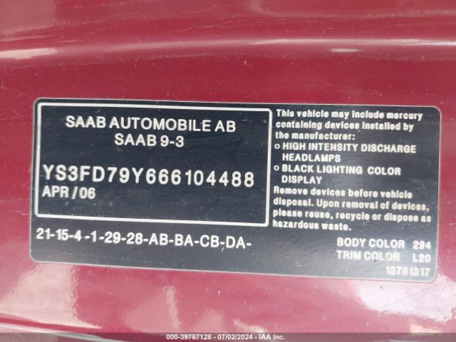 2006 SAAB 9-3 YS3FD79Y666104488 Photo 8
