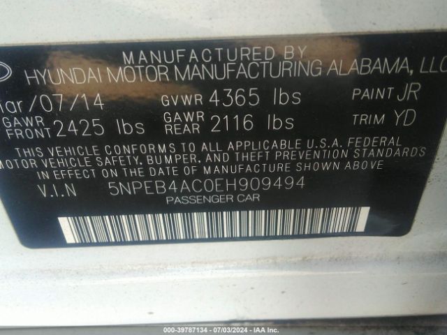 5NPEB4AC0EH909494 Hyundai SONATA GLS