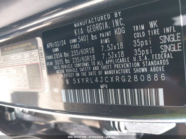 5XYRL4JCXRG280886 KIA SORENTO S