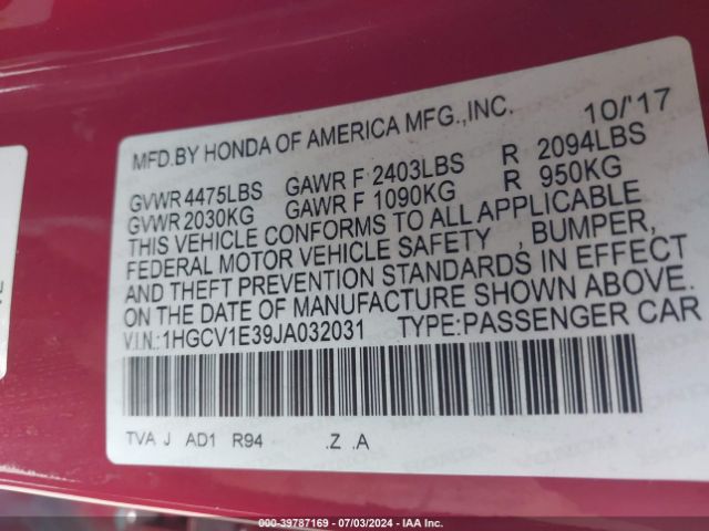 1HGCV1E39JA032031 Honda Accord Sport