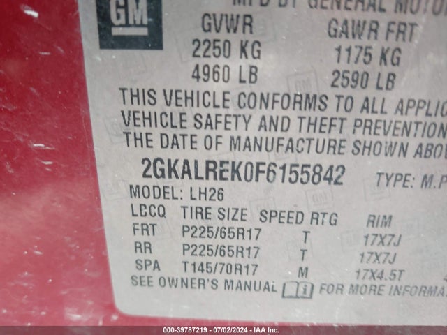GMC Terrain Sle-2 2015 2GKALREK0F6155842 Image 9