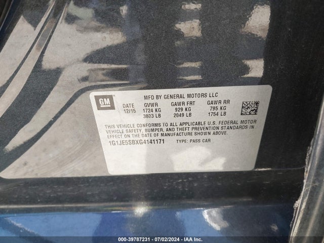 Chevrolet Sonic Ltz Auto 2016 1G1JE5SBXG4141171 Image 9