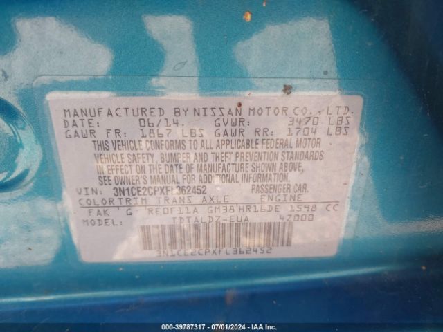 3N1CE2CPXFL362452 Nissan Versa Note S (sr)/s Plus/sl/sr/sv