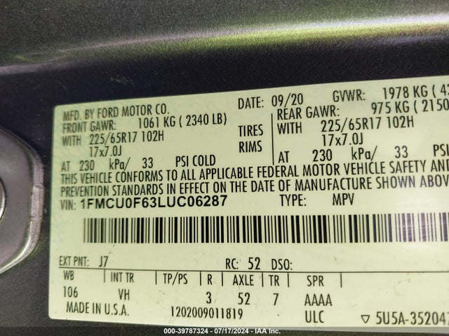 Ford ESCAPE S 2020 1FMCU0F63LUC06287 Image 9