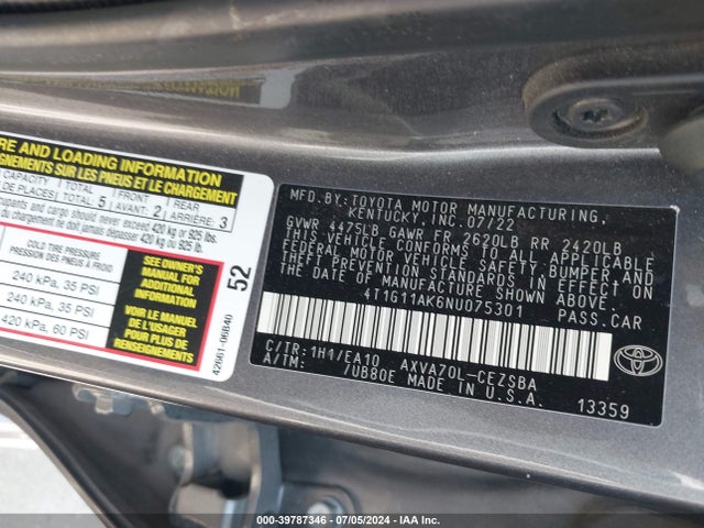 Toyota CAMRY SE 2022 4T1G11AK6NU075301 Image 9
