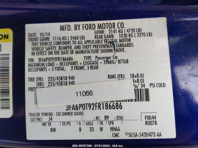 Ford FUSION SE 2015 3FA6P0T92FR186686 Image 9