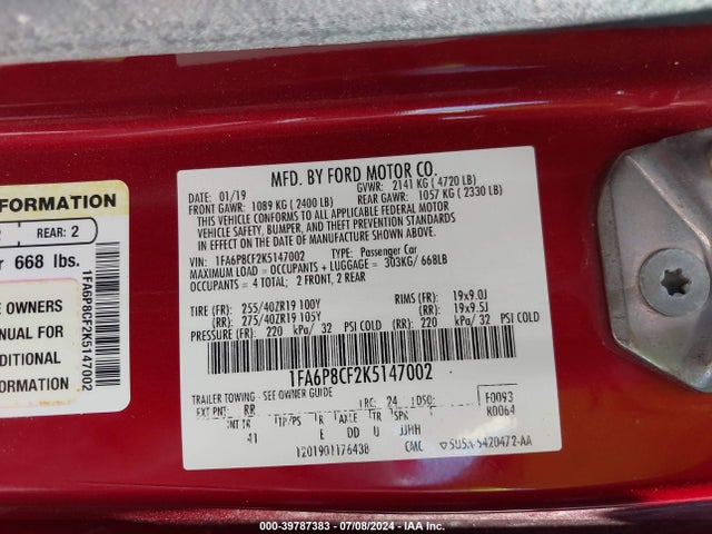 1FA6P8CF2K5147002 Ford Mustang Gt Premium