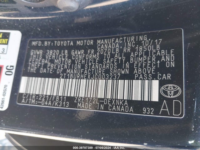 Toyota COROLLA LE 2018 2T1BURHEXJC003237 Image 9