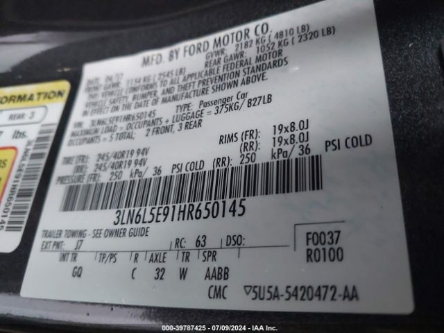 3LN6L5E91HR650145 Lincoln Mkz Reserve