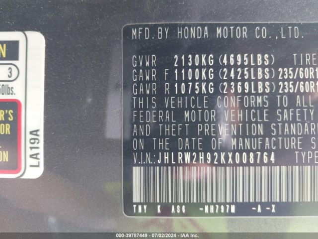 JHLRW2H92KX008764 Honda Cr-v Touring