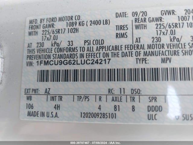 2020 FORD ESCAPE 1FMCU9G62LUC24217 Photo 8