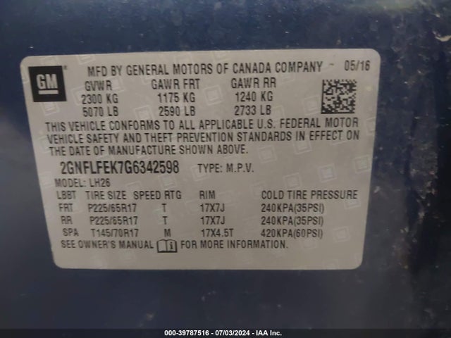 Chevrolet EQUINOX LT 2016 2GNFLFEK7G6342598 Image 9