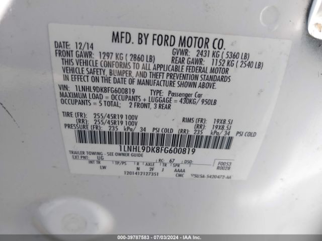 1LNHL9DK8FG600819 Lincoln MKS