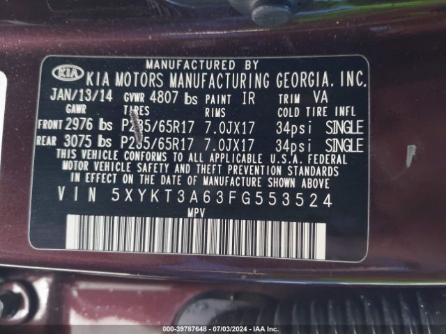 5XYKT3A63FG553524 KIA SORENTO LX