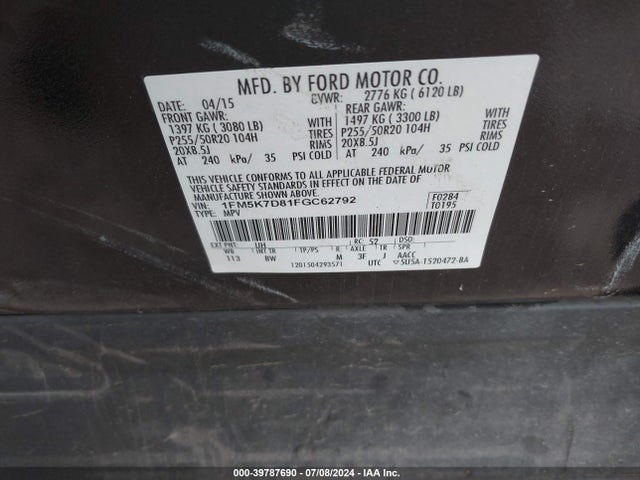 Ford EXPLORER XLT 2015 1FM5K7D81FGC62792 Image 9