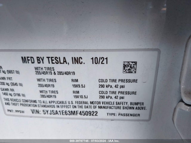 2021 TESLA MODEL S 5YJSA1E63MF450922 Photo 8