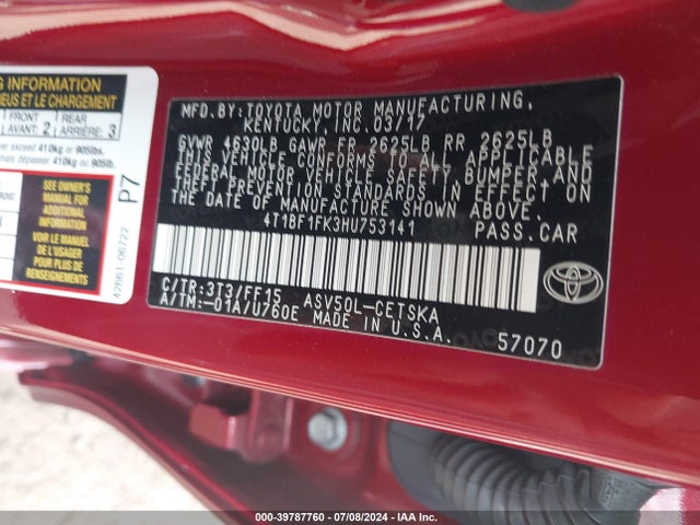 Toyota CAMRY SE 2017 4T1BF1FK3HU753141 Image 9