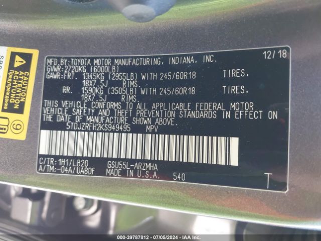 5TDJZRFH2KS949495 Toyota Highlander Xle