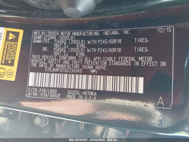 Toyota Highlander Xle V6 2016 5TDJKRFH7GS234949 Image 9
