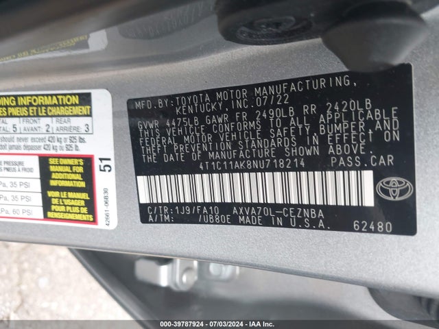 Toyota CAMRY LE 2022 4T1C11AK8NU718214 Image 9