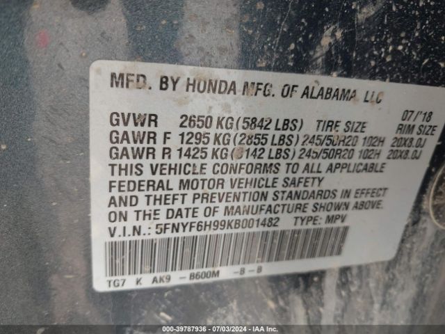 5FNYF6H99KB001482 Honda Pilot Touring