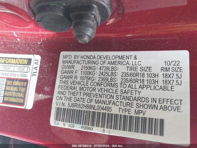 Honda Cr-v Awd Ex-l 2022 5J6RW2H88NL004485 Image 9