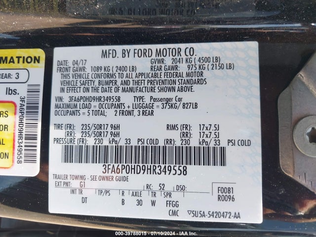 Ford FUSION SE 2017 3FA6P0HD9HR349558 Image 9