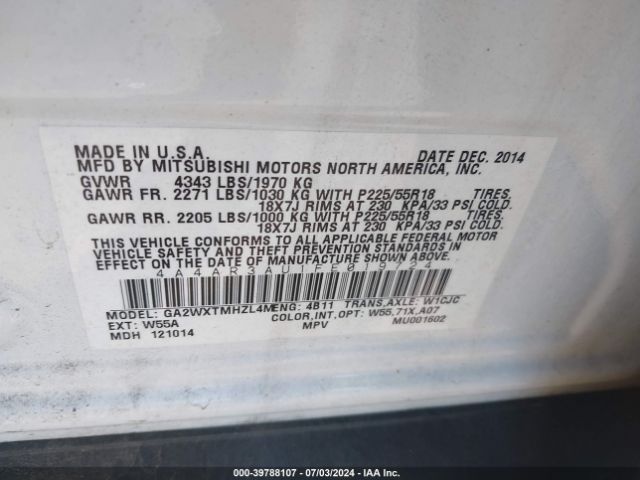 4A4AR3AU1FE019724 Mitsubishi Outlander Sport Es