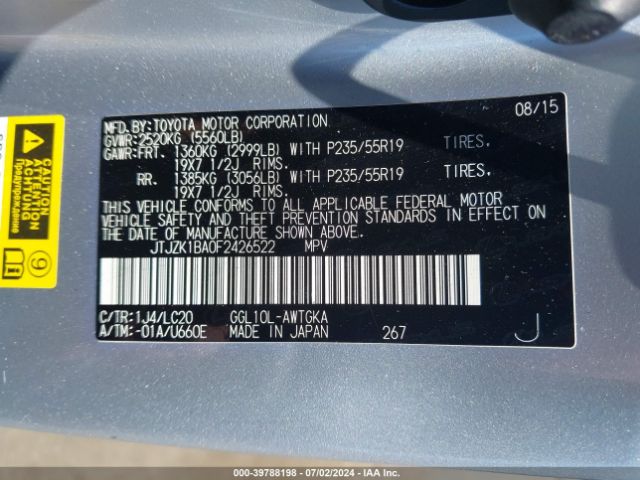 JTJZK1BA0F2426522 Lexus RX 350