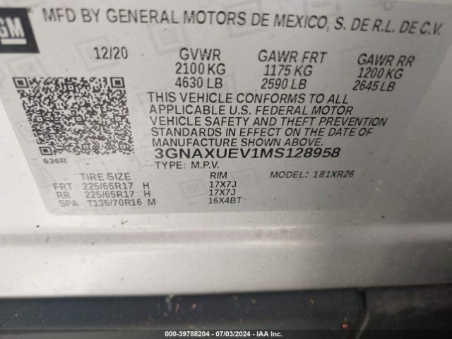 3GNAXUEV1MS128958 Chevrolet Equinox Awd Lt