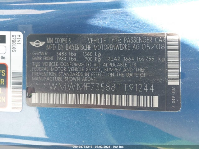 2008 MINI COOPER S WMWMF73588TT91244 Photo 8