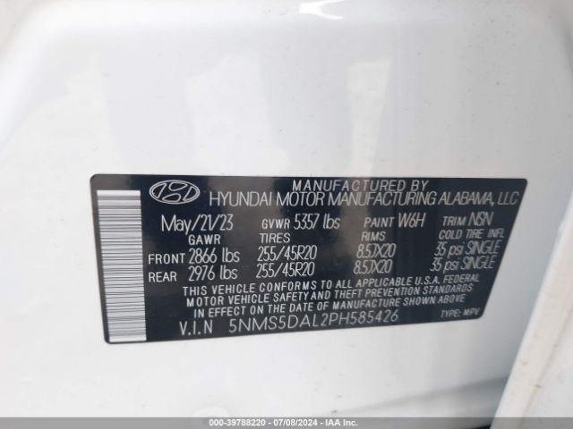 5NMS5DAL2PH585426 Hyundai Santa Fe Calligraphy