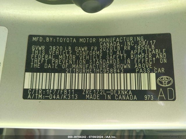 Toyota COROLLA LE 2017 2T1BURHE1HC958843 Image 9