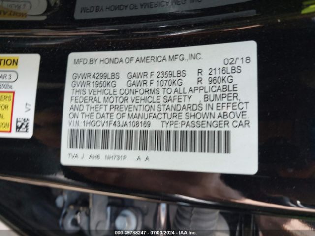 1HGCV1F43JA108169 Honda ACCORD EX