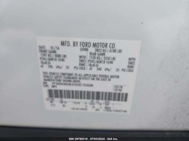 Ford EXPLORER XLT 2016 1FM5K8D8XGGC10228 Image 9