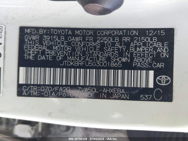 Toyota Prius Two 2016 JTDKBRFU5G3001865 Image 9