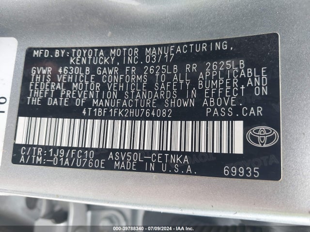 Toyota CAMRY LE 2017 4T1BF1FK2HU764082 Image 9