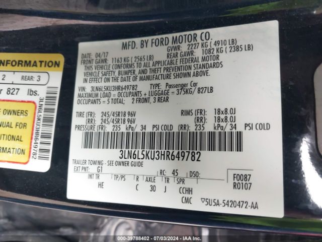 3LN6L5KU3HR649782 Lincoln Mkz Hybrid Premiere