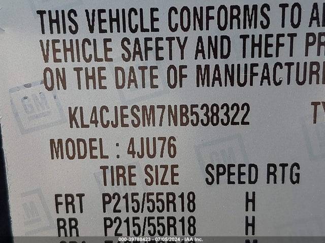 KL4CJESM7NB538322 Buick Encore Awd Preferred