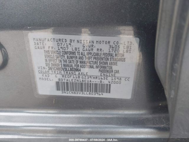 3N1CN8DV3LL803964 Nissan Versa S Xtronic Cvt