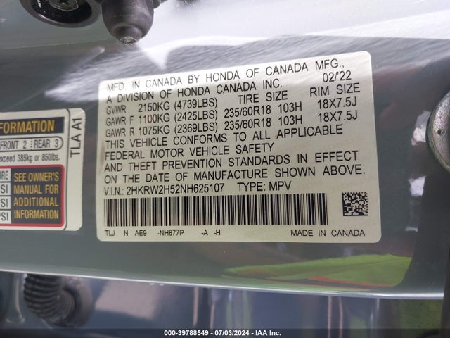 Honda Cr-v Awd Ex 2022 2HKRW2H52NH625107 Image 9