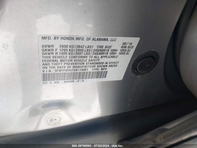 Honda Pilot Ex-l 2016 5FNYF6H57GB115081 Image 9