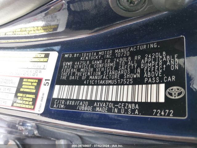 4T1C11AK8MU517525 Toyota CAMRY LE