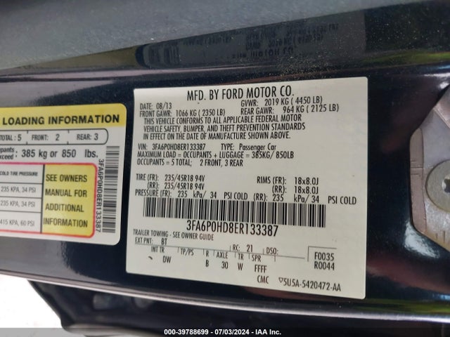 Ford FUSION SE 2014 3FA6P0HD8ER133387 Image 9