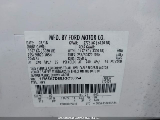 1FM5K7D88JGC38854 Ford EXPLORER XLT